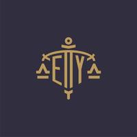 Monogram EY logo for legal firm with geometric scale and sword style vector