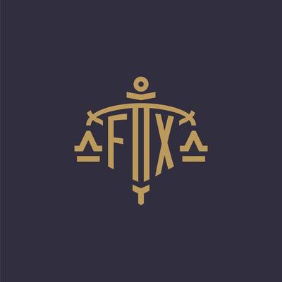 Monogram FX logo for legal firm with geometric scale and sword style