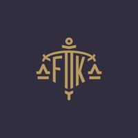 logotipo de monograma fk para firma legal con escala geométrica y estilo espada vector