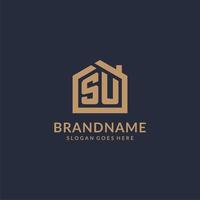 Initial letter SU logo with simple minimalist home shape icon design vector