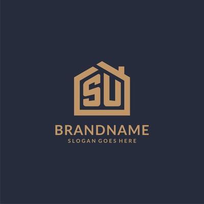 Initial letter SU logo with simple minimalist home shape icon design