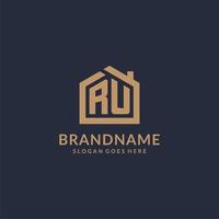 Initial letter RU logo with simple minimalist home shape icon design vector