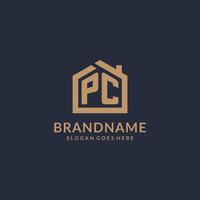 Initial letter PC logo with simple minimalist home shape icon design vector