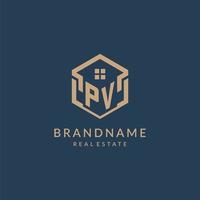 Initial letter PV hexagonal house roof shape icon logo design vector