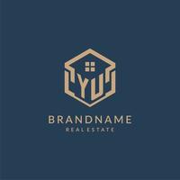 Initial letter YU hexagonal house roof shape icon logo design vector