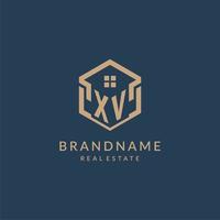 Initial letter XV hexagonal house roof shape icon logo design vector