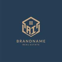 Initial letter RI hexagonal house roof shape icon logo design vector