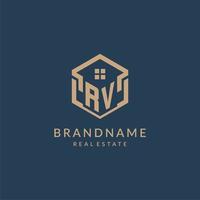 Initial letter RV hexagonal house roof shape icon logo design vector