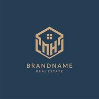 Initial letter MH hexagonal house roof shape icon logo design vector