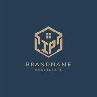 Initial letter IP hexagonal house roof shape icon logo design vector