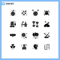 Modern Set of 16 Solid Glyphs Pictograph of contact person dangerous leisure female Editable Vector Design Elements