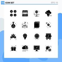 Universal Icon Symbols Group of 16 Modern Solid Glyphs of beaker safety play shield cloud Editable Vector Design Elements