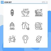 iconos de estilo moderno de 9 líneas delinean símbolos para uso general signo de icono de línea creativa aislado en fondo blanco paquete de 9 iconos fondo de vector de icono negro creativo