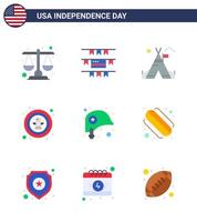 paquete de 9 letreros planos de celebración del día de la independencia de EE. UU. Y símbolos del 4 de julio, como insignia de casco, carpa, pájaro águila, elementos de diseño vectorial editables del día de EE. UU. vector