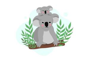 koala mom and her baby on eucalyptus. vector illustration