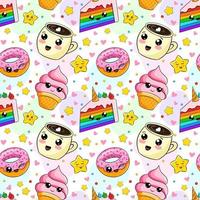 seamless pattern cute food characters.colorful kawaii sweets, vector isolated on white
