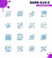 16 Blue Set of corona virus epidemic icons such as dumbbell drop hands blood flag viral coronavirus 2019nov disease Vector Design Elements