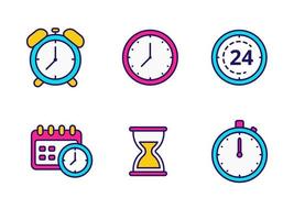 conjunto de iconos de reloj con diseños coloridos aislado sobre fondo blanco. Ilustraciones de reloj simple vector