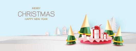 Happy New Year.  Abstract minimal design, geometric shopping,gift box,Realistic stage, podium.Winter holiday red background.website header or banner show vector