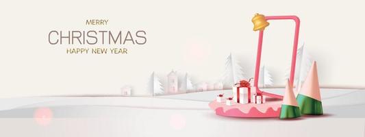 Happy New Year.  Abstract minimal design, geometric shopping,gift box,Realistic stage, podium.Winter holiday red background.website header or banner show vector