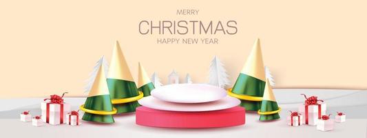 Happy New Year.  Abstract minimal design, geometric shopping,gift box,Realistic stage, podium.Winter holiday red background.website header or banner show vector