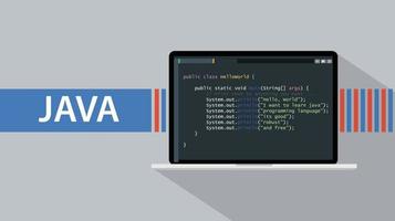 certificado de lenguaje de programación java con computadora portátil y script de código en la ilustración de vector de pantalla