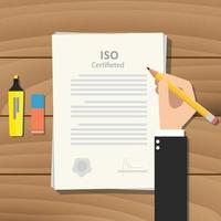 iso certified or certification with paper and sign hand vector