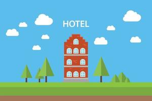 concepto de hotel con edificio de pie con fondo de cielo azul ilustración gráfica de vector de árbol plano