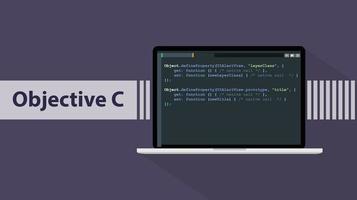 objective c programming language with script code on laptop screen vector graphic