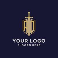 AO logo initial monogram with shield and sword design vector