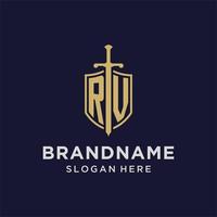 RV logo initial monogram with shield and sword design vector