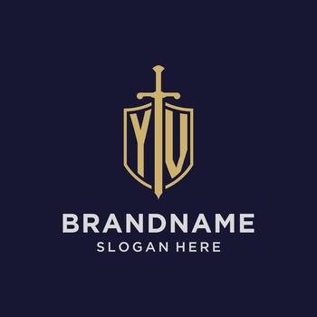 YV logo initial monogram with shield and sword design vector