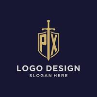 PX logo initial monogram with shield and sword design vector