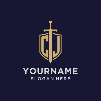 CJ logo initial monogram with shield and sword design vector