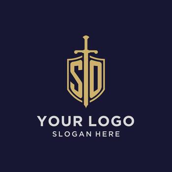 SO logo initial monogram with shield and sword design vector