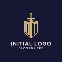 DT logo initial monogram with shield and sword design vector