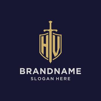 HV logo initial monogram with shield and sword design vector