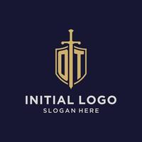 OT logo initial monogram with shield and sword design vector