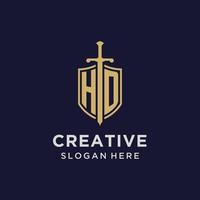 HD logo initial monogram with shield and sword design vector