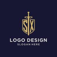 SX logo initial monogram with shield and sword design vector