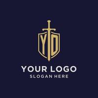 YO logo initial monogram with shield and sword design vector