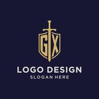 GX logo initial monogram with shield and sword design vector