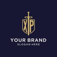 XP logo initial monogram with shield and sword design vector