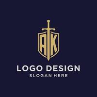 monograma inicial del logotipo ak con diseño de escudo y espada vector