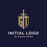 GT logo initial monogram with shield and sword design vector