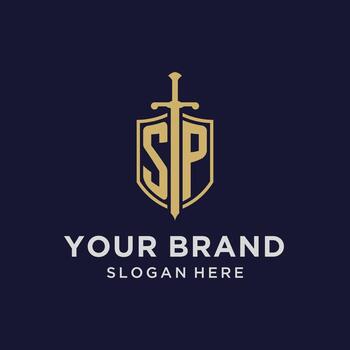 SP logo initial monogram with shield and sword design vector