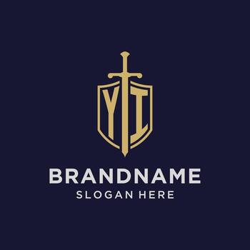 YI logo initial monogram with shield and sword design vector