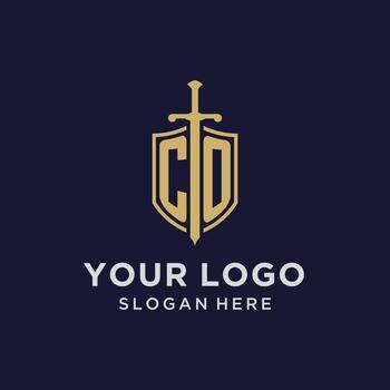CO logo initial monogram with shield and sword design vector