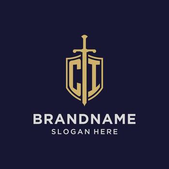 CI logo initial monogram with shield and sword design vector