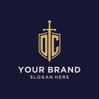 OC logo initial monogram with shield and sword design vector